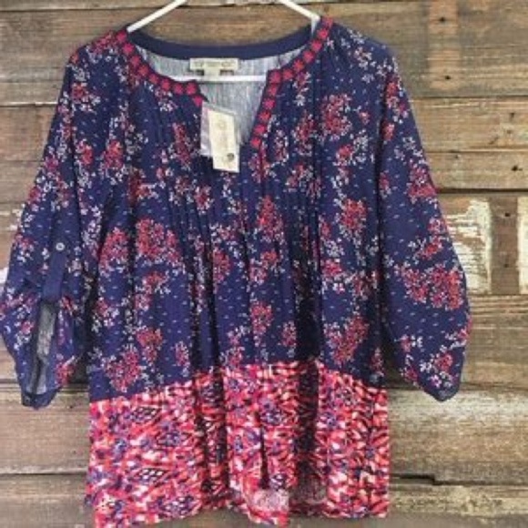 Vintage America Jolita Top V Neck 3/4 Roll Tab Sleeves Navy Print Size M - Picture 10 of 14